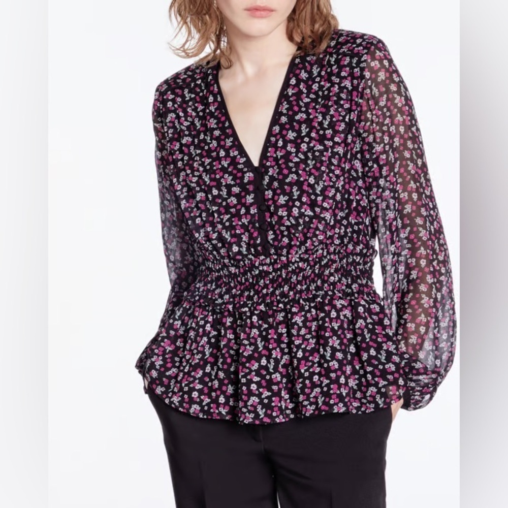 The Kooples Black and Pink Floral Blouse
